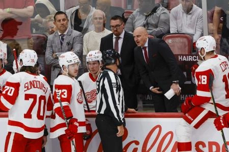 Former Detroit Red Wings head coach Derek Lalonde speaking to a referee. Former Detroit Red Wings head coach Derek Lalonde speaking to a referee.