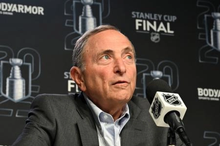 NHL Commissioner Gary Bettman addressing the media during the Stanley Cup Finals. NHL Commissioner Gary Bettman addressing the media during the Stanley Cup Finals.