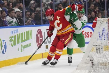 Calgary Flames defenseman Rasmus Andersson fending off Toronto Maple Leafs forward Bobby McMann.