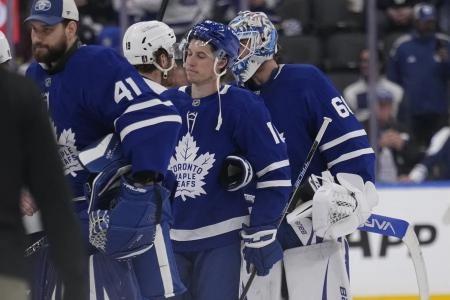 May 18, 2025; Toronto, Ontario, CAN; Toronto Maple Leafs forward Mitch Marner (16) reacts after losing the second round of the 2025 Stanley Cup Playoffs to the Florida Panthers at Scotiabank Arena