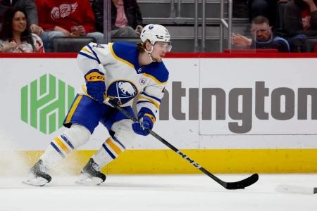 Bowen Byram controls the puck for the Buffalo Sabres