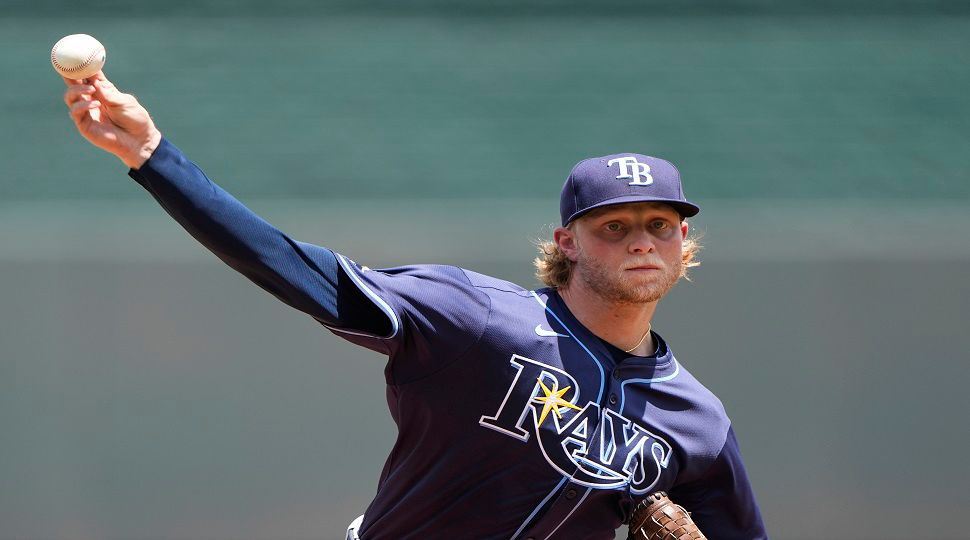 Tampa Bay Rays starting pitcher Shane Baz throws during the first inning of a baseball game against the Kansas City Royals, Thursday, June 26, 2025, in Kansas City, Mo. (AP Photo/Charlie Riedel)