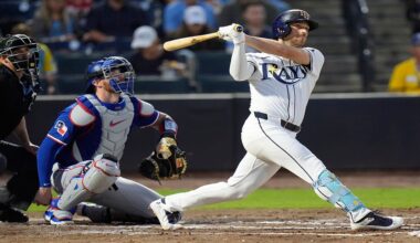 Tampa Bay Rays' Brandon Lowe watches his RBI double off Texas Rangers pitcher Kumar Rocker during the third inning of a baseball game Wednesday, June 4, 2025, in Tampa, Fla. (AP Photo/Chris O'Meara)