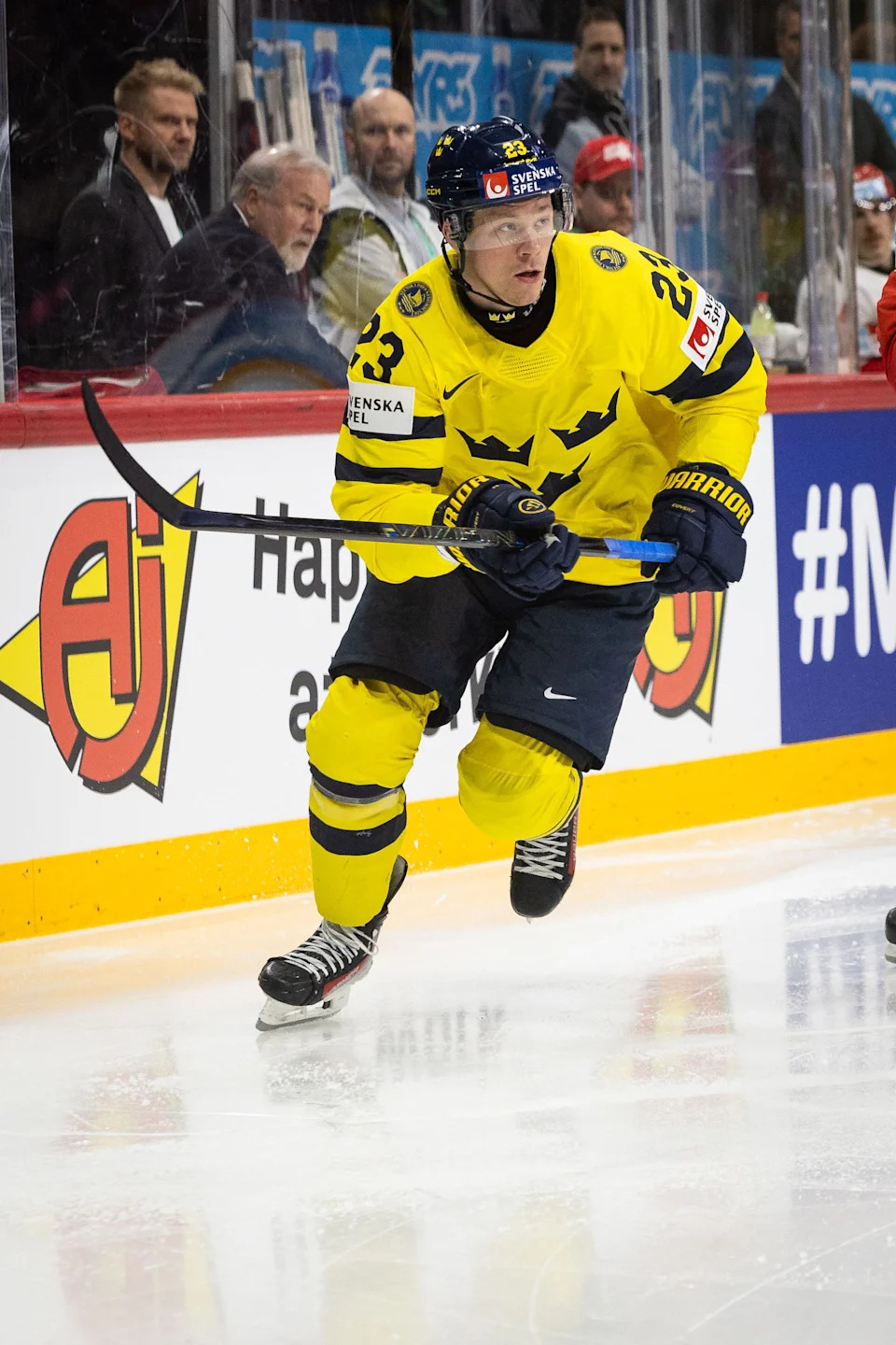 Lucas Raymond of Sweden during the 2025 Ice Hockey World Championship bronze medal game between Sweden and Denmark at Avicii Arena on May 25, 2025 in Stockholm, Sweden.