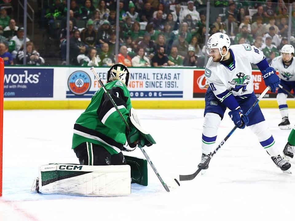  Abbotsford Canucks winger Danila Klimovich is denied in Game 4 of the Western Conference final against the Texas Stars on June 4, but would then strike in double overtime.