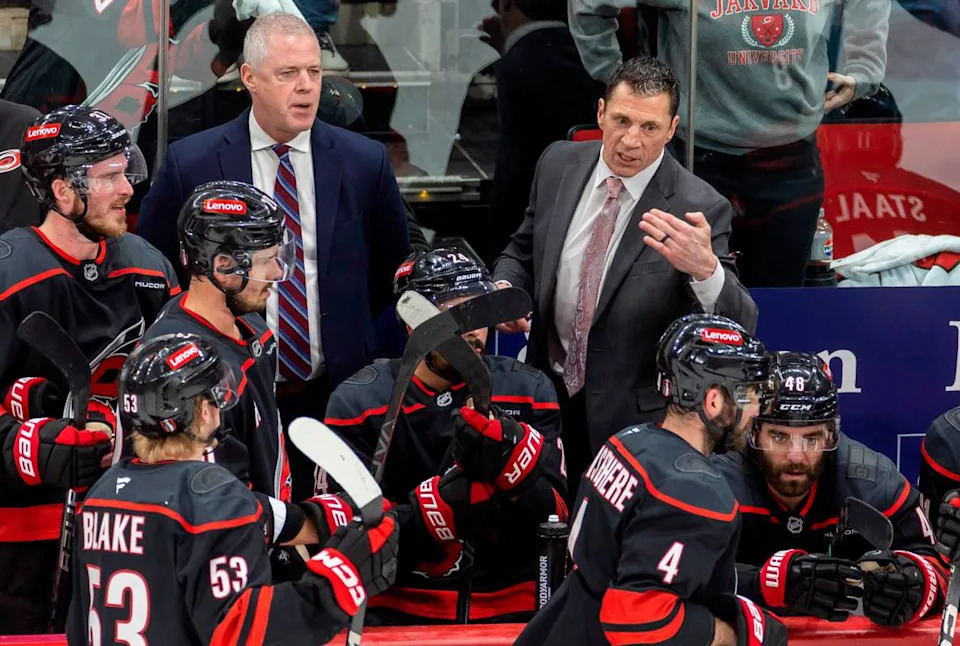 Carolina Hurricanes coach Rod Brind’Amour works with his players in the closing minutes of the third period against the Florida Panthers during Game 5 of their Stanley Cup series on Wednesday, May 28, 2025 at Lenovo Center in Raleigh, N.C.