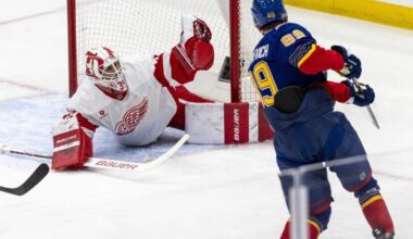 Blues come back for OT win vs. Detroit, extend streak to 10