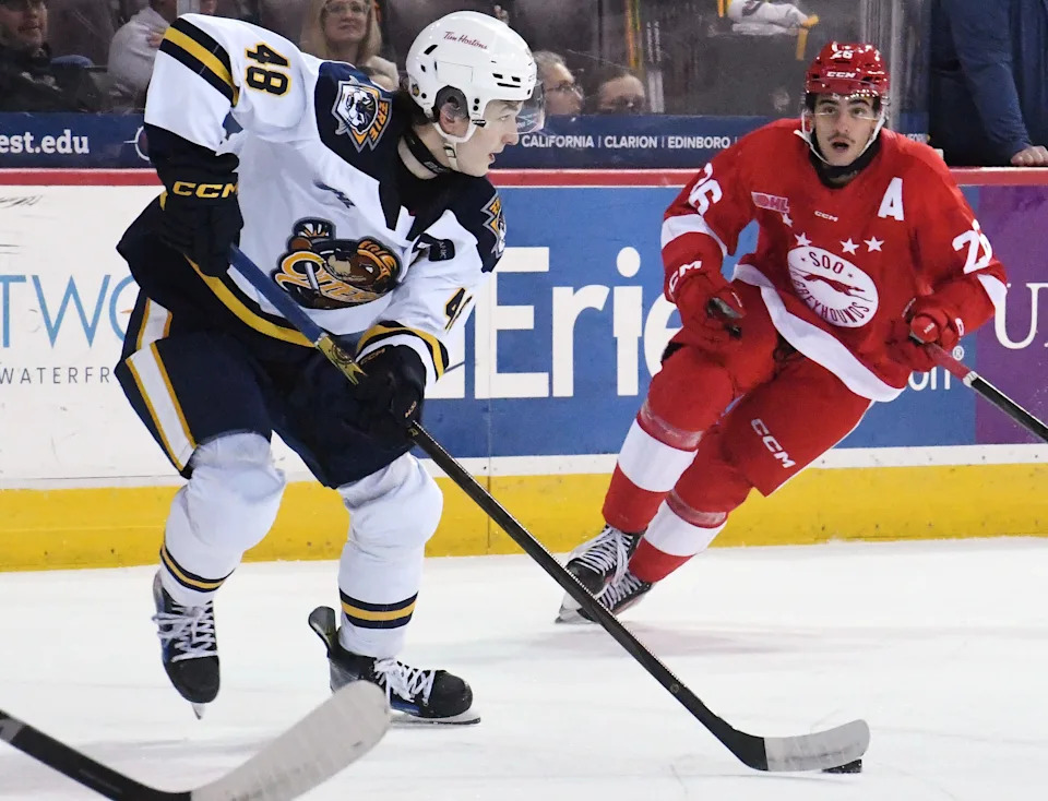 Erie Otters defenseman Matthew Schaefer skates during a Nov. 22, 2024, Ontario Hockey League game against the Sault Ste. Marie Greyhounds at Erie Insurance Arena. Schaefer, despite a broken collarbone that's idled him since late December, is still projected to be the No. 1 overall pick for June's NHL entry draft. The New York Islanders, thanks to the league's draft lottery, received that pick May 5.