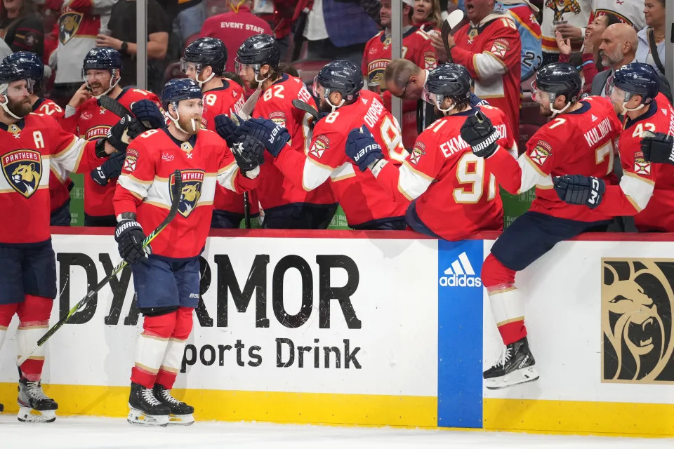 SUNRISE, FL - JUNE 01: Florida Panthers center Sam Bennett (9) gets high fives after his goal in the first period during game six of the Eastern Conference Finals between the New York Ranges and the Florida Panthers on Saturday, June 1, 2024 at Amerant Bank Arena in Sunrise, Fla. (Photo by Peter Joneleit/Icon Sportswire via Getty Images)
