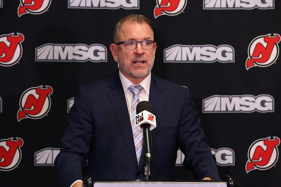 New Jersey Devils executive vice president/general manager Tom Fitzgerald, addresses the media.Mandatory Credit&colon; Tom Horak-Imagn Images