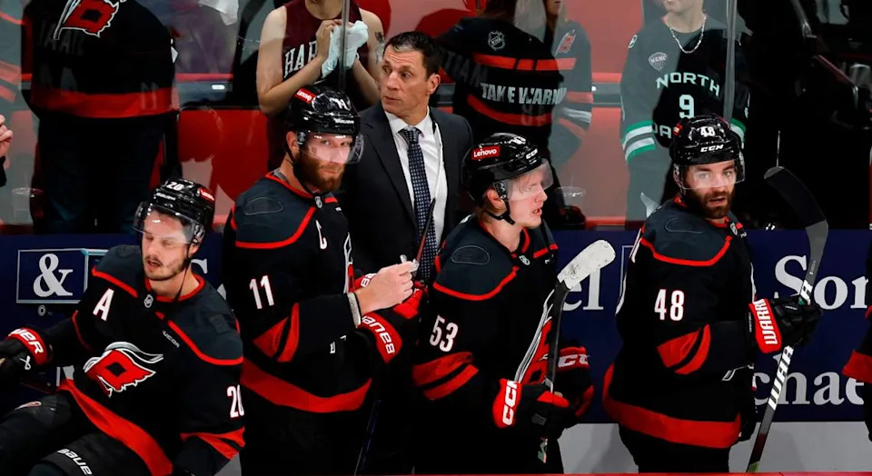 Carolina head coach Rod Brind’Amour walks towards the locker room after the Florida Panthers’ 5-2 victory over the Carolina Hurricanes in Game 1 of the Eastern Conference Finals at the Lenovo Center in Raleigh, N.C., Tuesday, May 20, 2025.