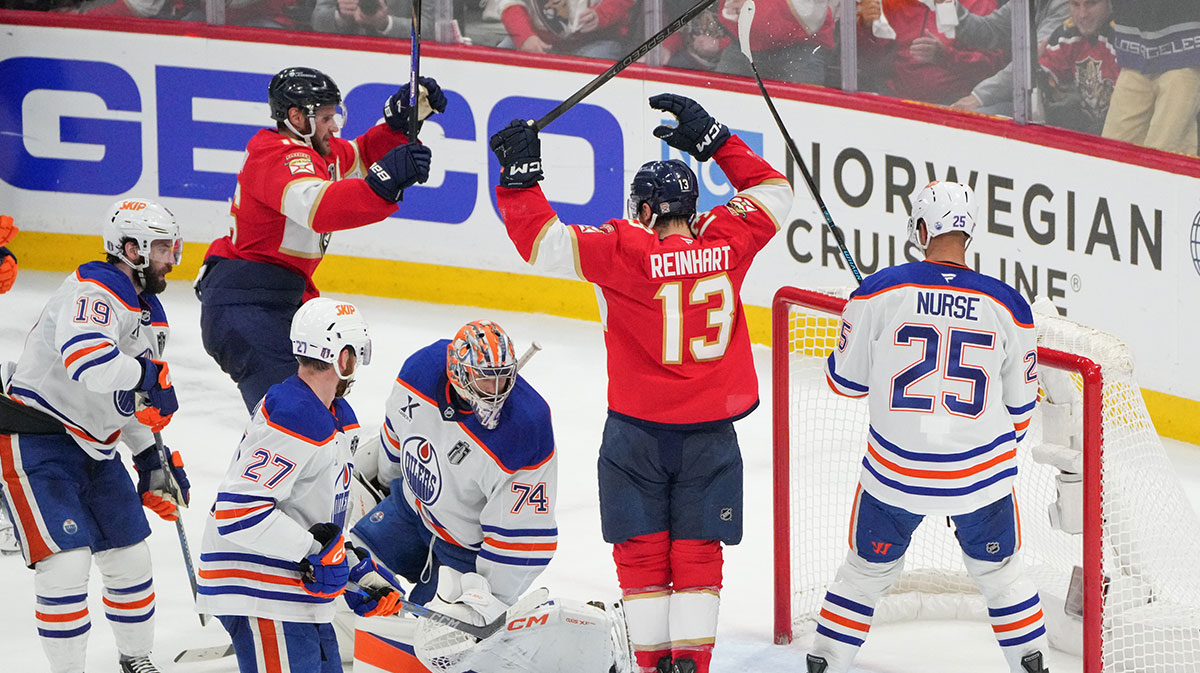 Florida Panthers center Sam Reinhart (13) celebrates after his goal as Edmonton Oilers goaltender Stuart Skinner (74) watches during the second period in game six of the 2025 Stanley Cup Final at Amerant Bank Arena. 