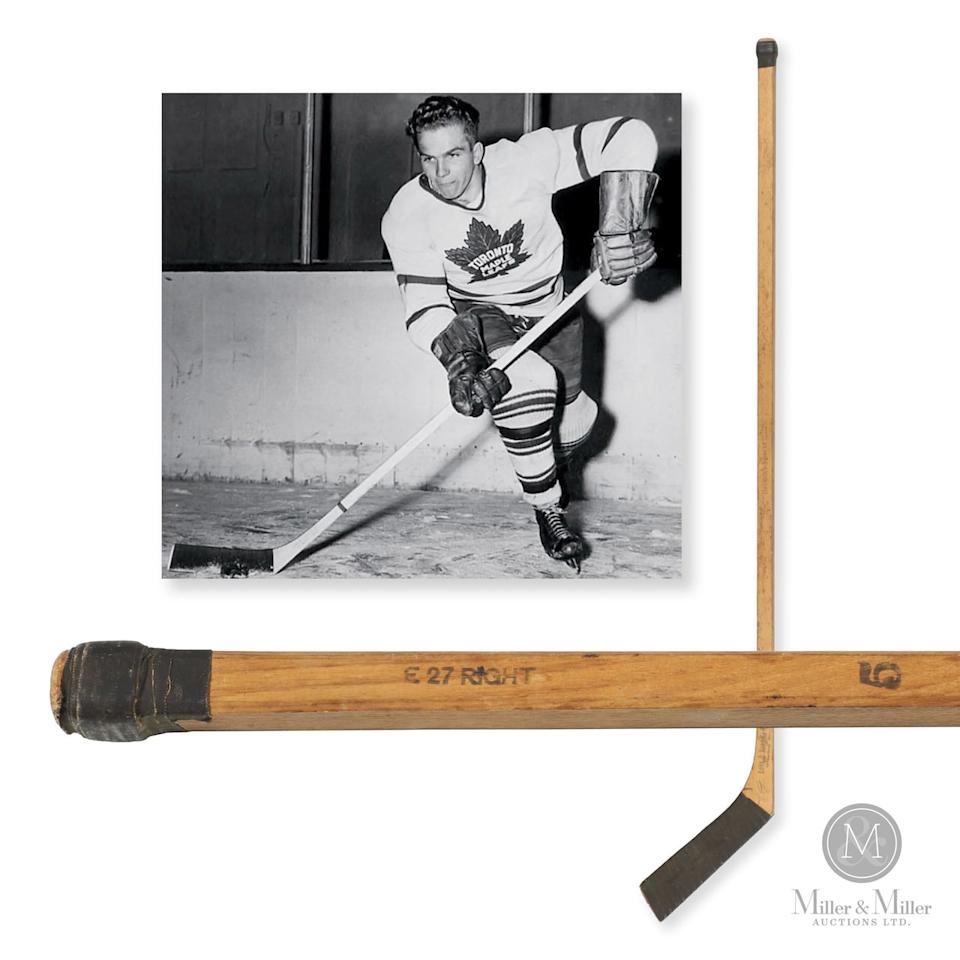 This photo from the Miller and Miller Auctions website shows Barilko on the ice and the details on the stick, including that it was stamped with the number five, which was Barilko's number in the 1950-51 season.