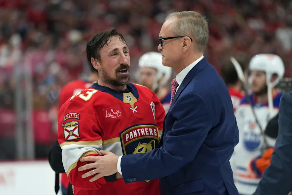 Florida Panthers center Brad Marchand (63) speaks to head coach Paul Maurice after winning the 2025 Stanley Cup Final against the Edmonton Oilers.Jim Rassol-Imagn Images