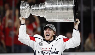 Capitals forward TJ Oshie hoists the Stanley Cup aloft after Washington's win back in 2018