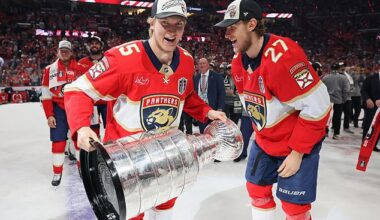 Anton Lundell holds the Stanley Cup after the Florida Panthers sealed back-to-back titles