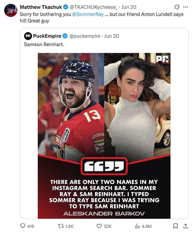 Panthers star Matthew Tkachuk tweeted Ray in a bid to hook her and his teammate Lundell up