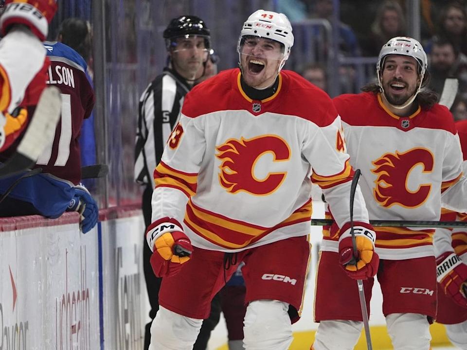 Calgary Flames right winger Adam Klapka celebrates after scoring the tying goal in the third period of against the Colorado Avalanche on Monday, March 31, 2025.