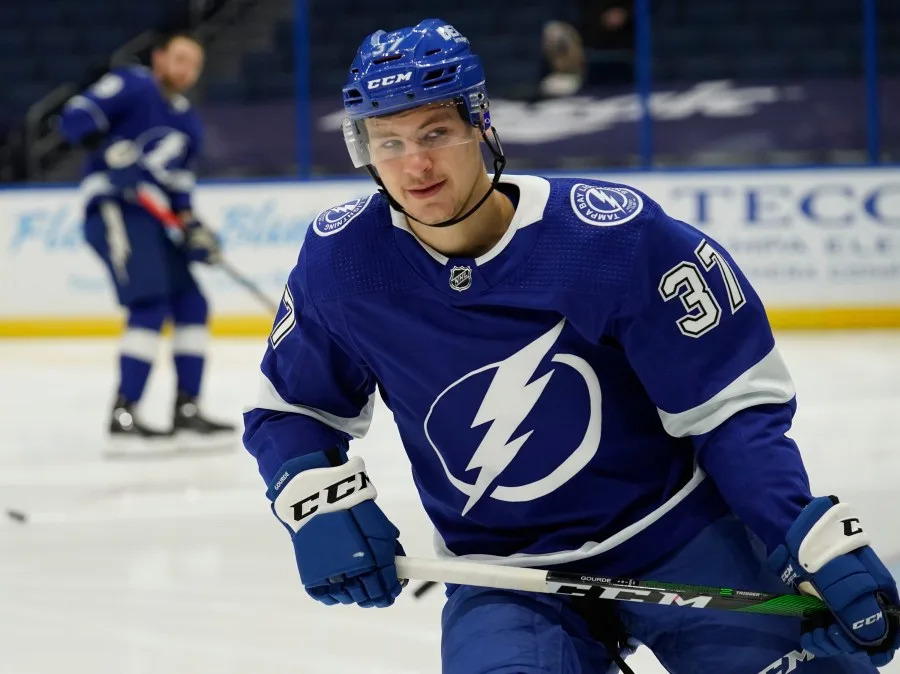 Tampa Bay Lightning center Yanni Gourde (37) before an NHL hockey game against the Florida Panthers Sunday, March 21, 2021, in Tampa, Fla. (AP Photo/Chris O’Meara)