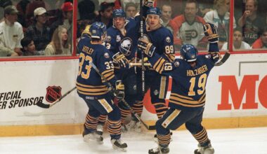 Buffalo Sabres' Jason Dawe (43) is congratulated by Alexander Mogilny (89) in an NHL Stanley Cup playoff game against the Philadelphia Flyers, Sunday, May 7, 1995. (AP Photo/Rusty Kennedy)