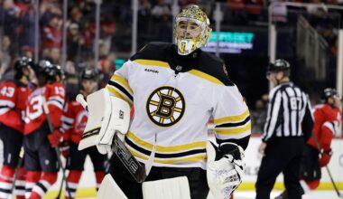 Boston Bruins goaltender Jeremy Swayman reacts after giving up a goal to New Jersey Devils right wing Stefan Noesen in the second period of an NHL hockey game Tuesday, April 8, 2025, in Newark, N.J. (AP Photo/Adam Hunger)