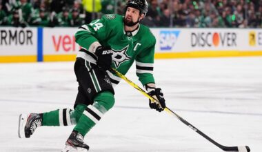 Dallas Stars' Jamie Benn (14) skates during the first period in Game 7 of a first-round NHL hockey playoff series against the Colorado Avalanche, Saturday, May 3, 2025, in Dallas. (AP Photo/Julio Cortez)