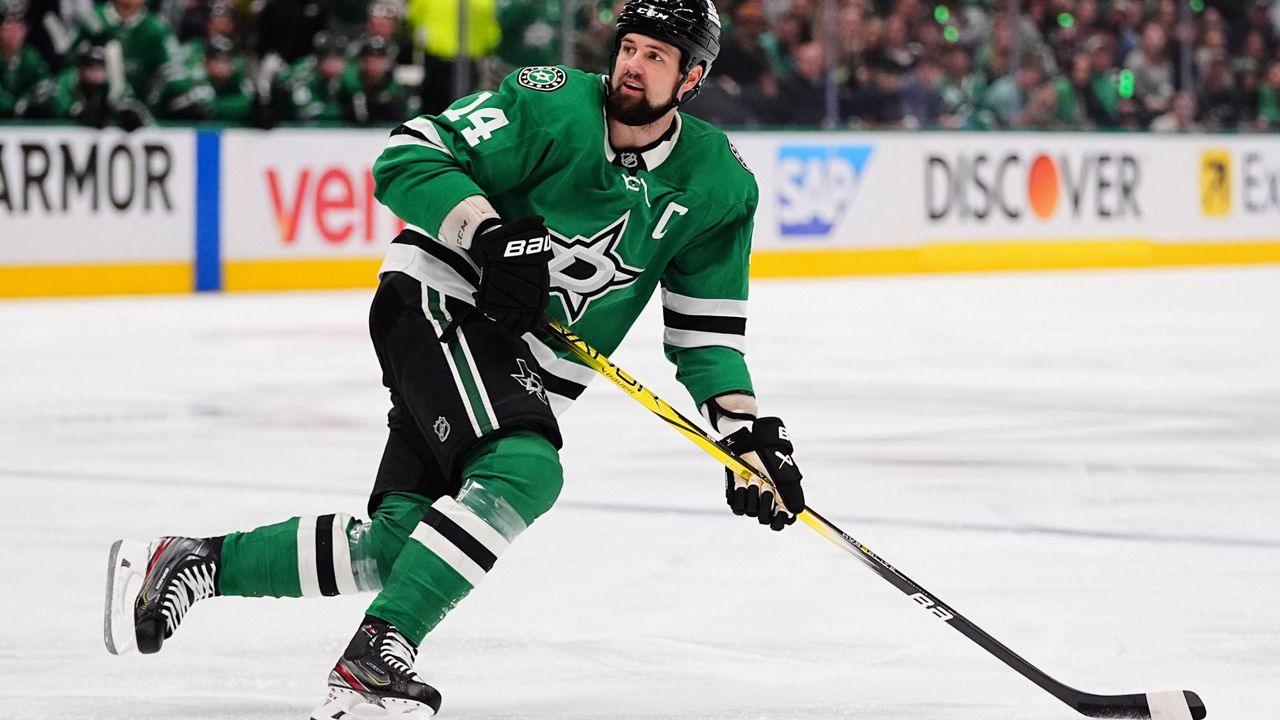 Dallas Stars' Jamie Benn (14) skates during the first period in Game 7 of a first-round NHL hockey playoff series against the Colorado Avalanche, Saturday, May 3, 2025, in Dallas. (AP Photo/Julio Cortez)