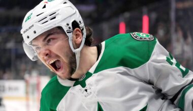 Dallas Stars center Mavrik Bourque celebrates after scoring during the third period of an NHL hockey game against the Los Angeles Kings, Friday, Feb. 7, 2025, in Los Angeles. (AP Photo/Mark J. Terrill)
