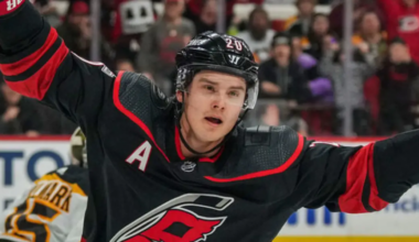 Sebastian Aho celebrating a goal for the Carolina Hurricanes