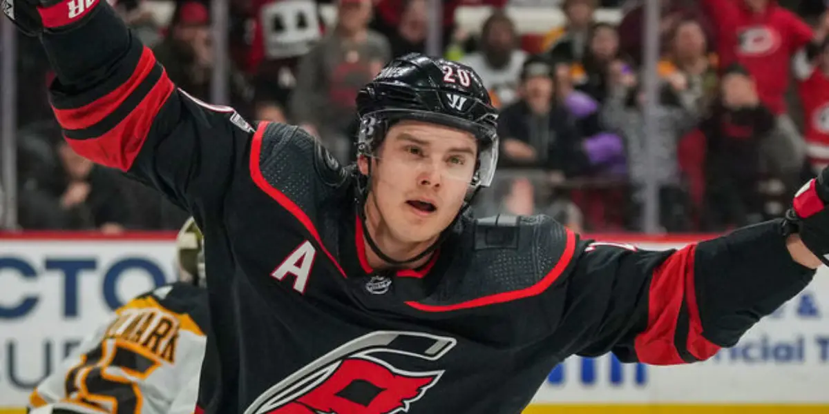 Sebastian Aho celebrating a goal for the Carolina Hurricanes