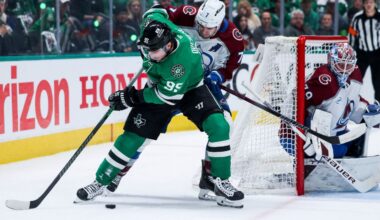 Dallas Stars center Matt Duchene (95) looks to shoot around Colorado Avalanche defenseman Devon Toews (7) during a first-round NHL hockey playoff game in Dallas, Saturday, April 19, 2025. (AP Photo/Gareth Patterson)