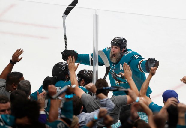 San Jose Sharks' Joe Thornton (19) celebrates San Jose Sharks' Barclay Goodrow's (23) game winning goal in the overtime period against the Vegas Golden Knights for Game 7 of an NHL first round playoff series at the SAP Center in San Jose, Calif., on Tuesday, April 23, 2019. (Nhat V. Meyer/Bay Area News Group)