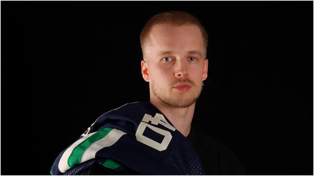 Elias Pettersson #40 of the Vancouver Canucks poses for a portrait prior to the 2023 NHL All-Star Game at FLA Live Arena on February 04, 2023 in Sunrise, Florida.