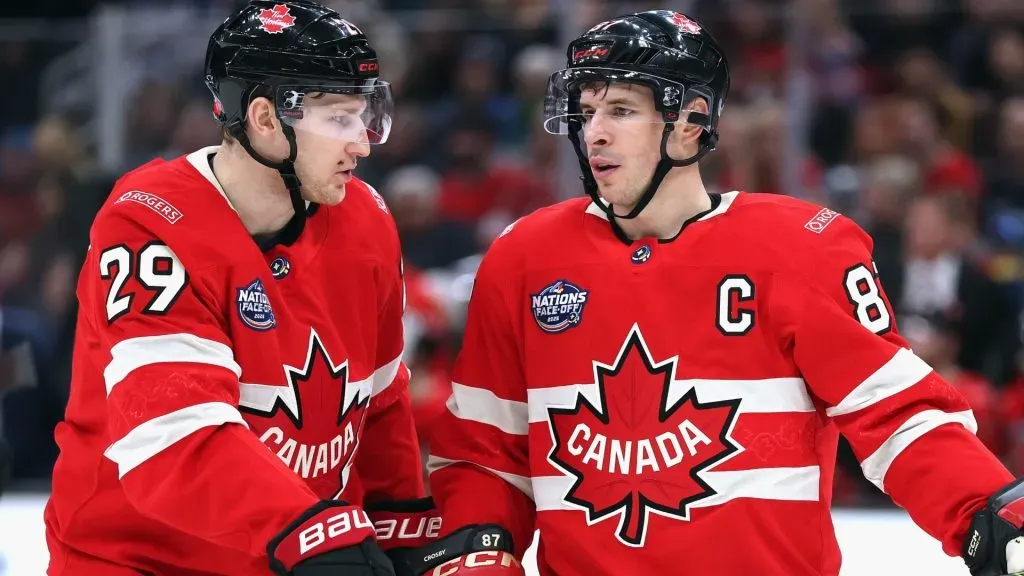 Nathan MacKinnon #29 and Sidney Crosby #87 of Team Canada chat prior to a second period faceoff against Team Finland in the 4 Nations Face-Off game at TD Garden on February 17, 2025 in Boston, Massachusetts. (Photo by Maddie Meyer/Getty Images)