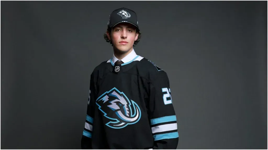 Caleb Desnoyers poses for a portrait after being drafted by the Utah Mammoth with the fourth overall pick during the first round of the 2025 Upper Deck NHL Draft at JW Marriott Los Angeles L.A. LIVE on June 27, 2025 in Los Angeles, California.