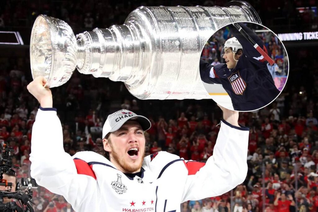 Image shows T.J. Oshie with the Capitals' Stanley Cup after his Olympics heroics