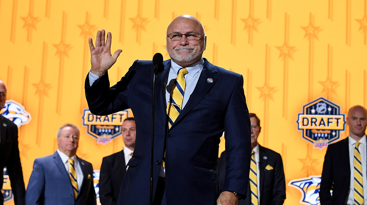 Nashville Predators incoming general manager Barry Trotz announces the twenty fourth pick in round one of the 2023 NHL Draft at Bridgestone Arena