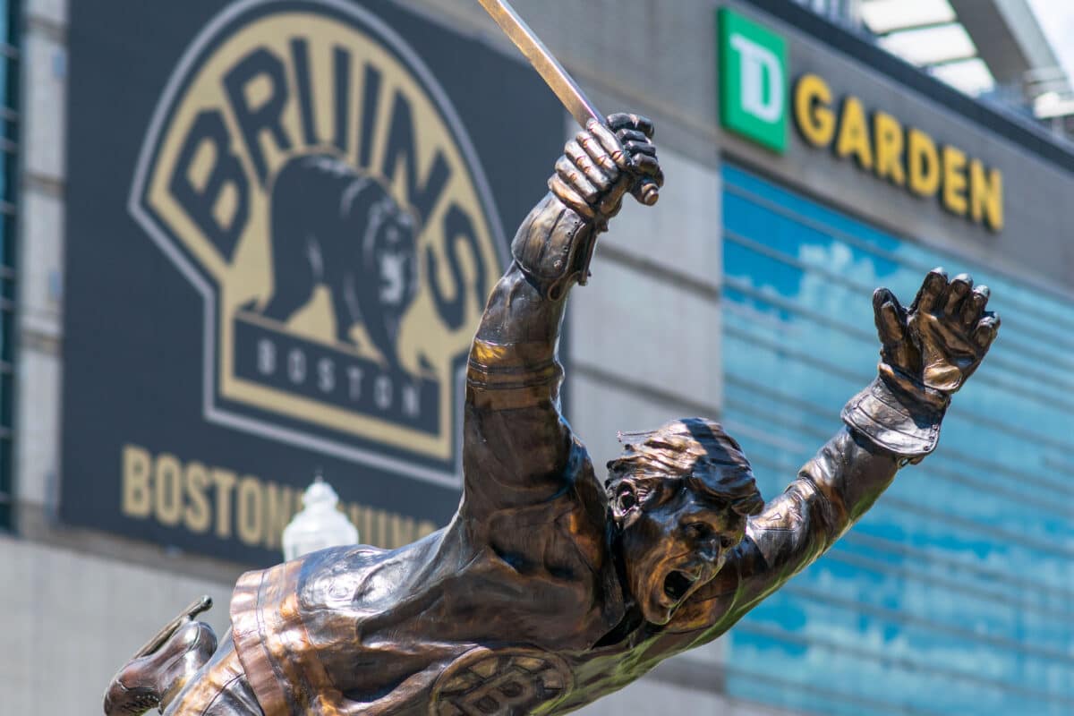 A statue of Bobby Orr outside the Boston Garden commemorates the Bruins player's famous goal in the 1970 Stanley Cup.