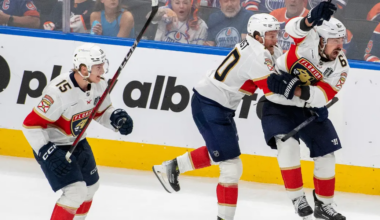 Brad Marchand celebrating a 2OT goal in the 2025 Stanely Cup Final