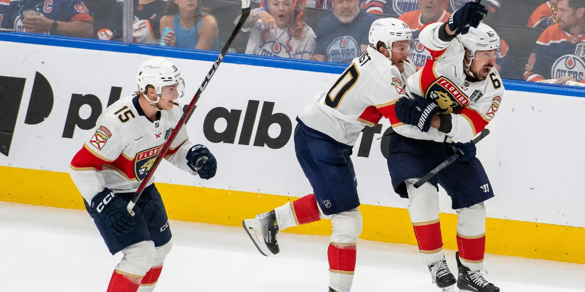 Brad Marchand celebrating a 2OT goal in the 2025 Stanely Cup Final