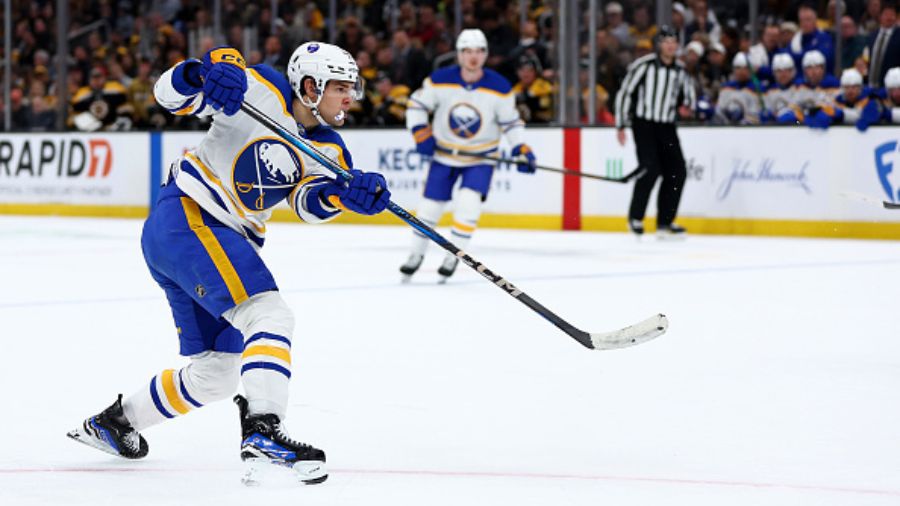 JJ Peterka #77 of the Buffalo Sabres...