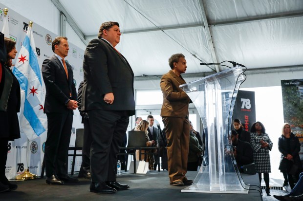 Mayor Lori Lightfoot takes questions from the audience after an...