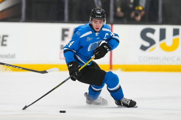 The Brantford Bulldogs' Jake O'Brien skates during the Top Prospects Game on Jan. 15, 2025, in Brantford, Ontario. (Kevin Sousa/Getty Images)