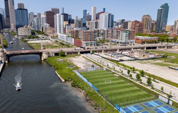 New pickleball courts and a soccer field are located along...