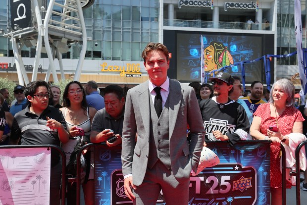 Anton Frondell poses on the red carpet before the first round of the 2025 Upper Deck NHL Draft at the Peacock Theater on June 27, 2025 in Los Angeles, California. (Photo by Bruce Bennett/Getty Images)