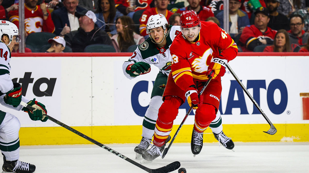 Calgary Flames right wing Adam Klapka (43) controls the puck against the Minnesota Wild during the third period at Scotiabank Saddledome.