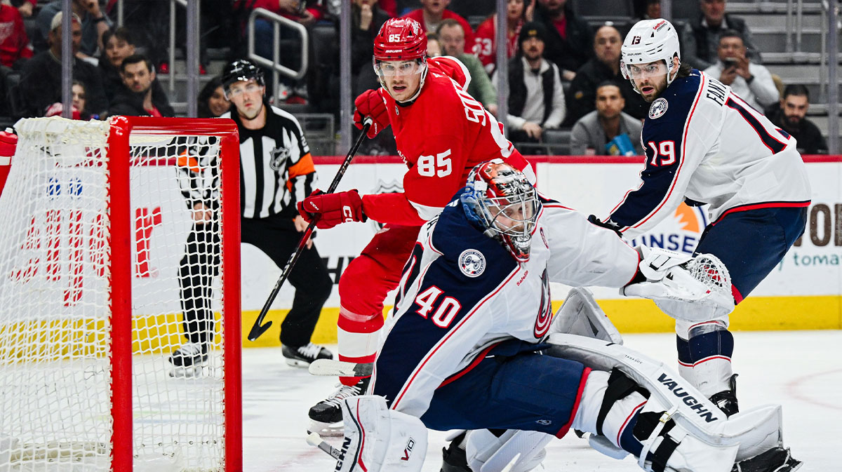 Columbus Blue Jackets goaltender Daniil Tarasov (40) makes a save during the second period against the Detroit Red Wings at Little Caesars Arena.