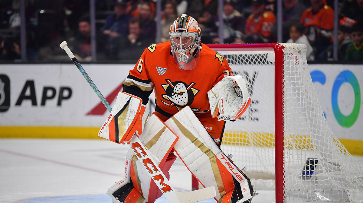 Anaheim Ducks goaltender John Gibson (36) defends the goal against the Chicago Blackhawks during the first period at Honda Center.
