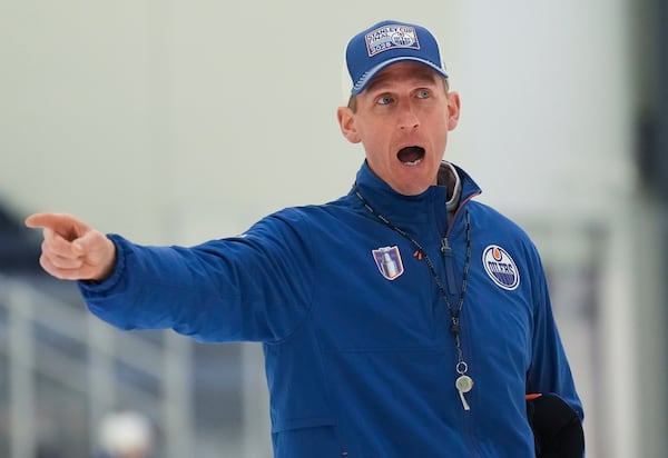 Edmonton Oilers head coach Kris Knoblauch yells during practice at the NHL Stanley Cup Finals in Fort Lauderdale, Fla., Tuesday, June 10, 2025.(Nathan Denette/The Canadian Press via AP)