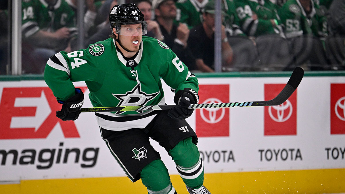 Stars center Mikael Granlund (64) skates against the Edmonton Oilers during the first period in game five of the Western Conference Final of the 2025 Stanley Cup Playoffs at American Airlines Center.